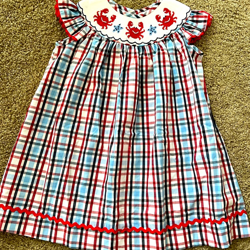 Fun Plaid Smocked Shrimp and Grits Dress with Crab Detail. Worn Once. Size 18M